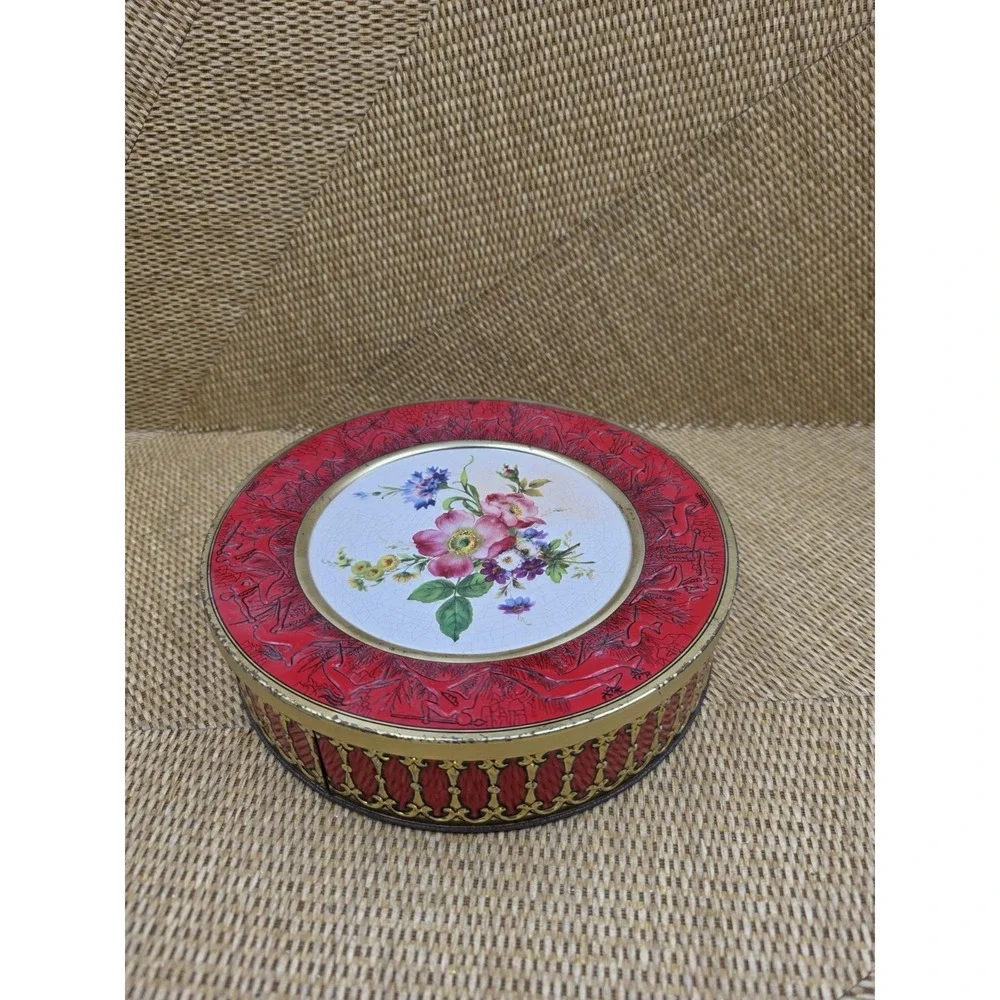 VTG Western Germany Decorative Tin Box Red & Gold Floral Embossed Container 8.5